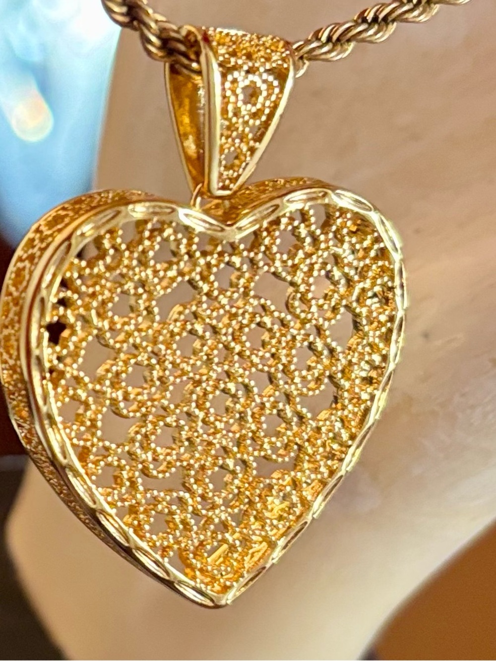 VTG Gold Vermeil 925 Silver Heart Filigree Pendant w/ 9” Gold Rope Chain